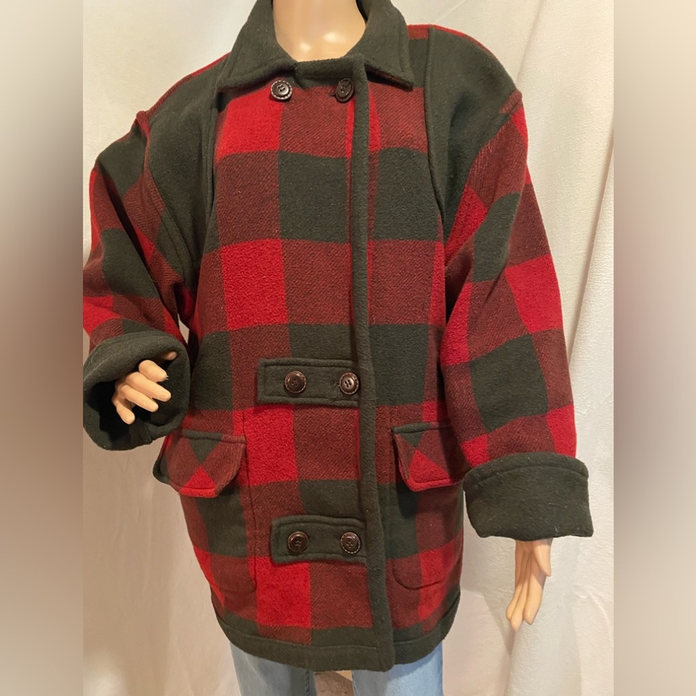 Women’s Oversized Mulberry Red and Gray Wool Pea Coat